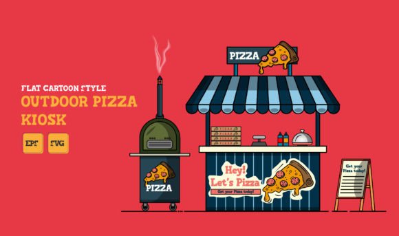 Flat Carton Style Outdoor Pizza Kiosk Vector Illustrations